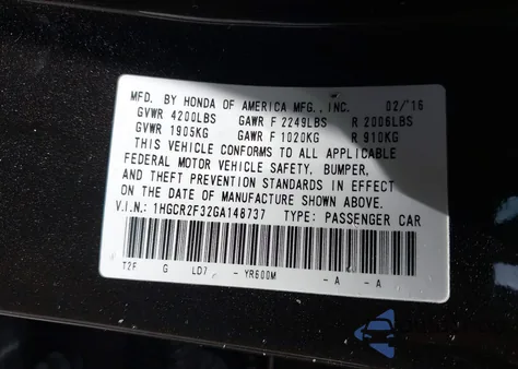 2016 Honda Accord Lx z USA, uszkodzony, nr VIN 1HGCR2F32GA148737